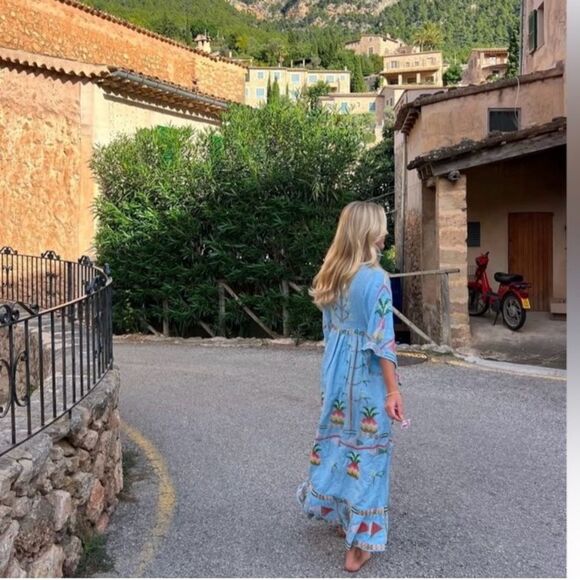 NEW FARM Rio Embroidered Pineapple Maxi Dress Beaded Tassel Linen Blue Size M - Picture 13 of 16